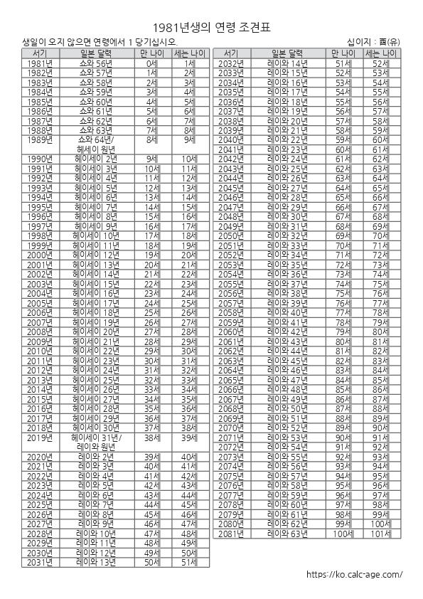 1981년생의 연령 조견표