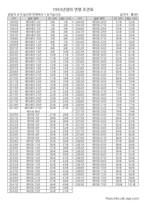 1993년생의 연령 조견표